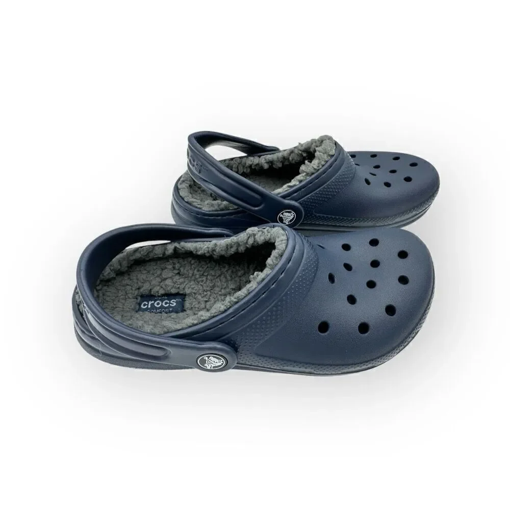 NWOT Crocs Unisex Kids Faux Fur Classic Lined Clog Navy Blue Size J2